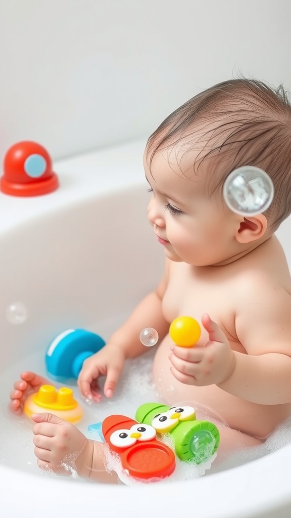 A baby enjoying bath time with colorful toys and bubbles.