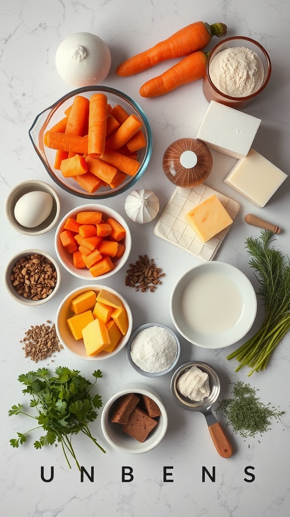 Ingredients and preparation items for making carrot cake.