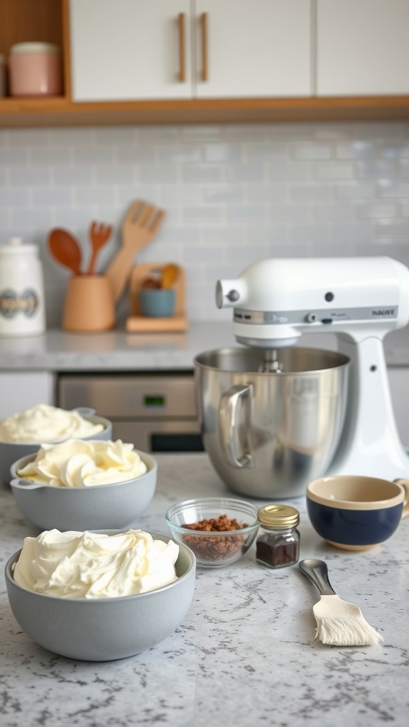 A spread of creamy vegan cream cheese frosting in bowls with a mixer and baking tools.