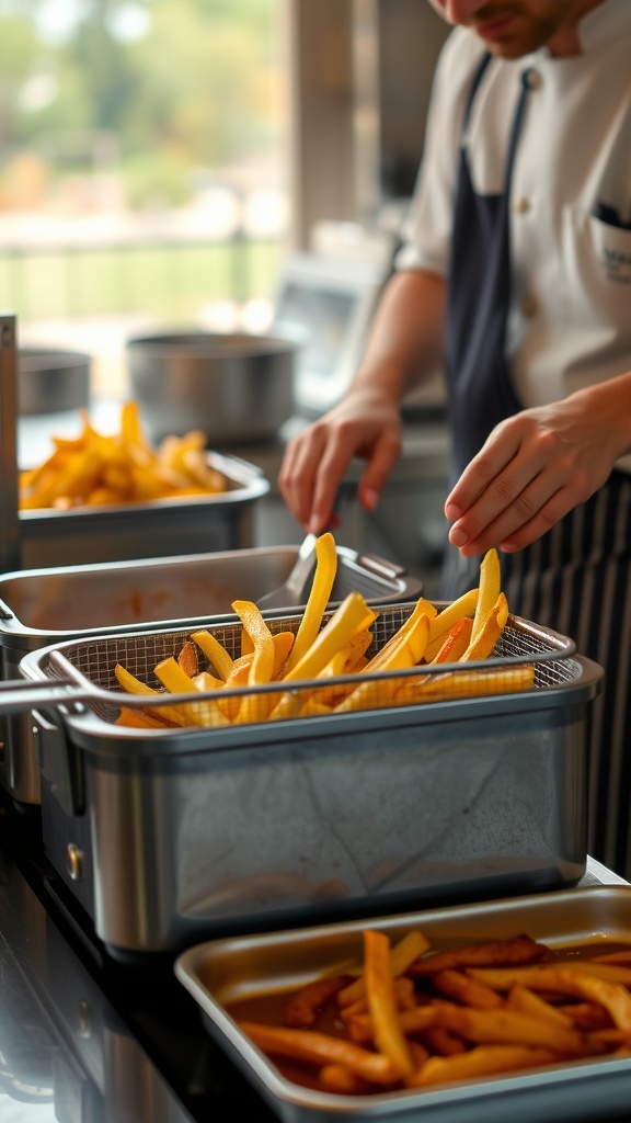 Homemade French fries being prepared in a kitchen