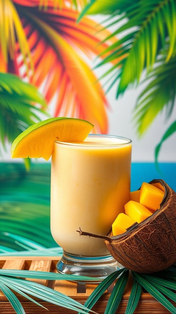 A refreshing mango and coconut smoothie served in a glass with a slice of mango on the rim.