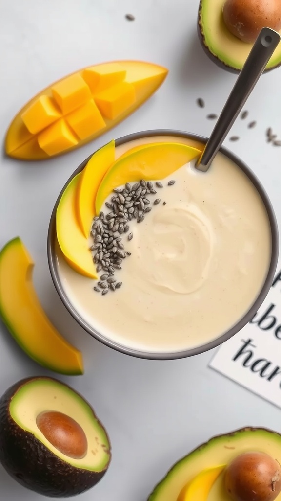 A mango avocado smoothie topped with mango slices and chia seeds, surrounded by fresh mango and avocado.