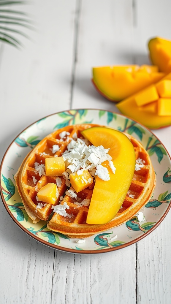 Delicious mango coconut waffles topped with mango pieces and shredded coconut