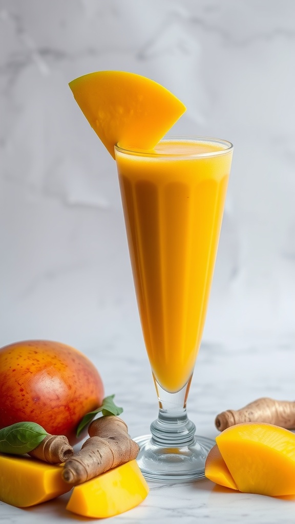 A vibrant mango ginger smoothie in a glass, surrounded by fresh mango and ginger root.