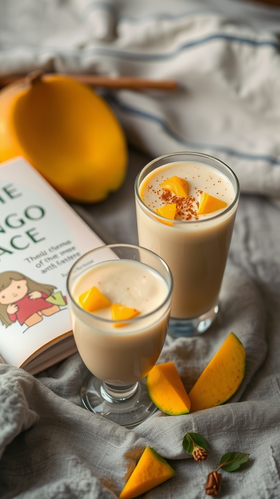 A refreshing mango lassi served in glasses, garnished with mango pieces and a sprinkle of spice.