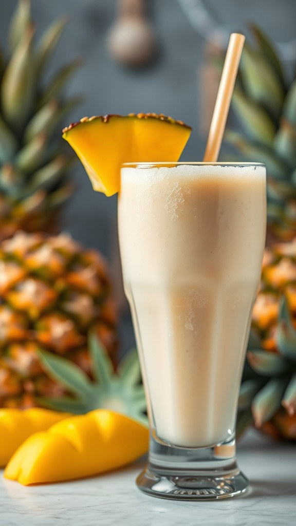 A delicious mango pineapple smoothie served in a glass with a tropical background.