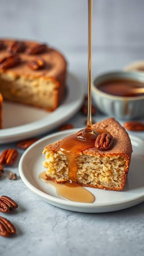 A slice of maple cornbread with pecans, drizzled with syrup on a plate.