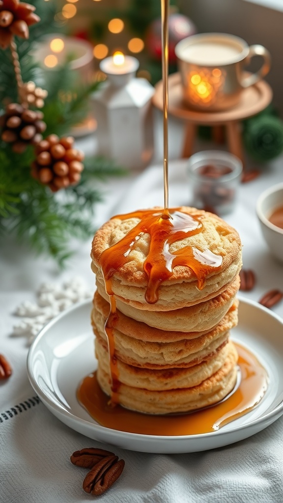 A stack of maple pecan keto biscuits, topped with syrup.