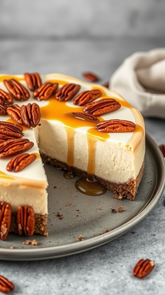 A slice of maple pecan keto cheesecake with pecans on top and a drizzle of maple syrup.