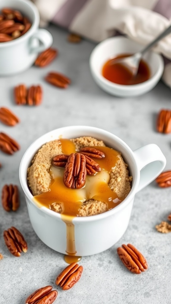 Maple pecan keto mug cake with syrup and pecans