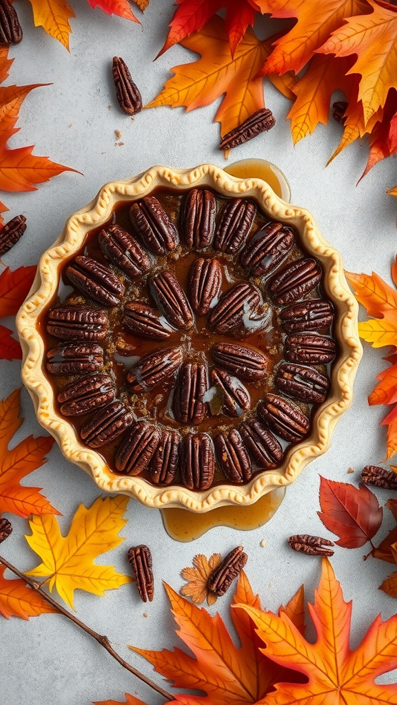 Maple syrup infused pecan pie with pecans on top