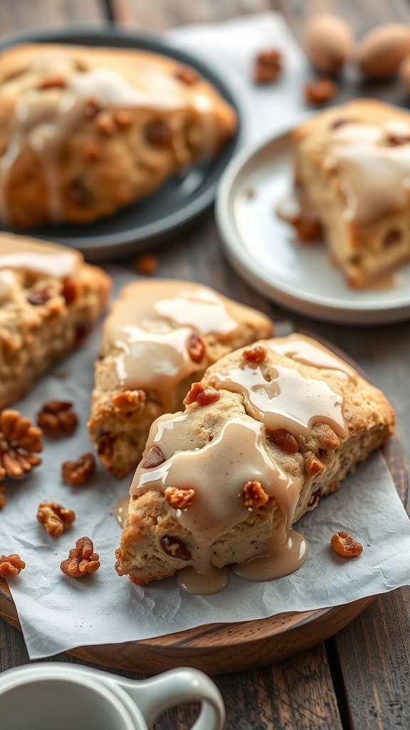Maple Walnut Scones with Maple Glaze on a wooden platter