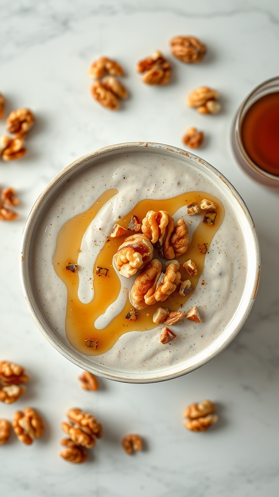 A creamy Maple Walnut Smoothie topped with walnuts and a drizzle of maple syrup.