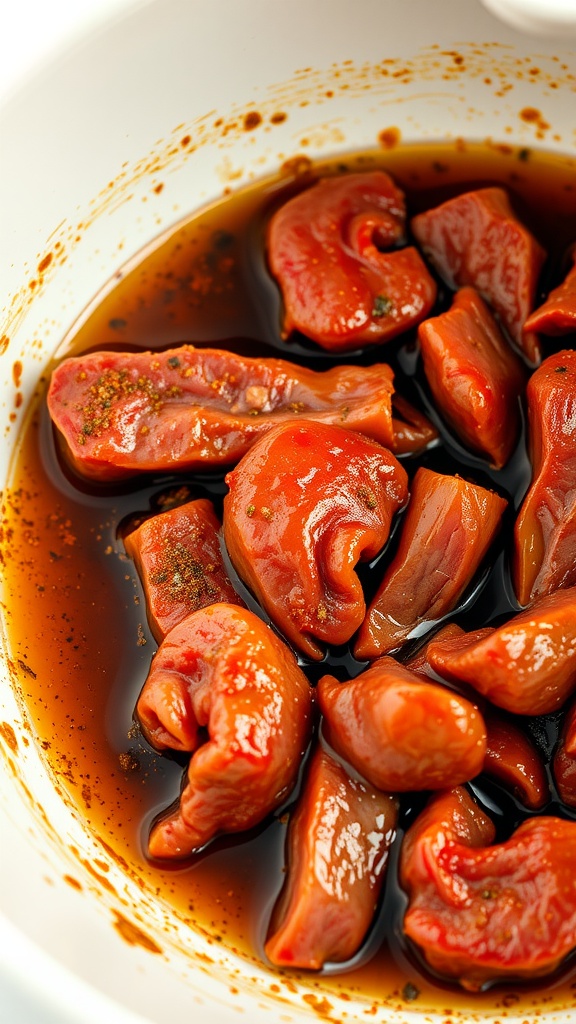 Marinated beef strips in a bowl with a savory marinade.