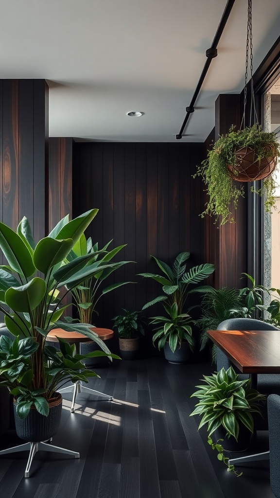 A cozy interior featuring dark wooden walls and flooring with various lush green plants.