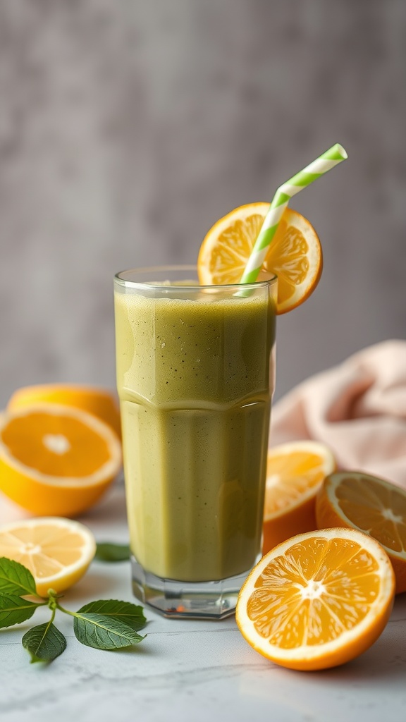 A refreshing green smoothie with a slice of orange