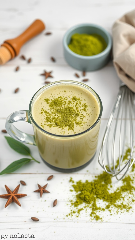 A green matcha coffee smoothie in a glass mug with a sprinkle of matcha on top.