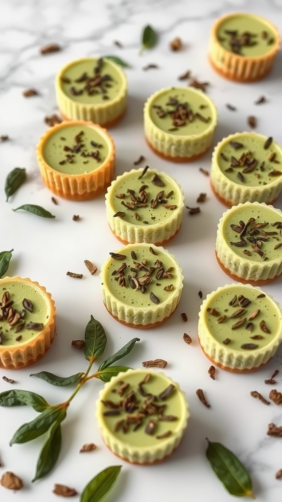 Delicious matcha green tea cheesecake bites arranged on a marble surface