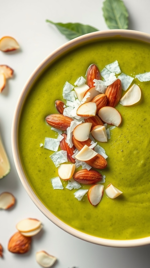 A vibrant matcha green tea smoothie bowl topped with almonds and coconut flakes.
