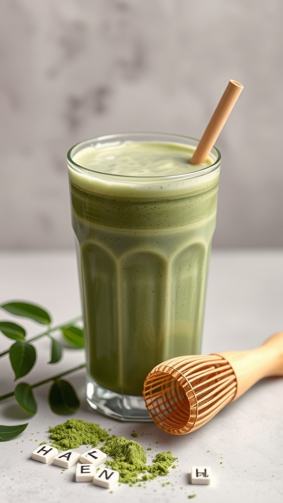 A refreshing matcha green tea fiber smoothie in a glass with a bamboo straw.