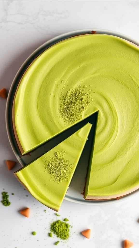 A slice of matcha green tea keto cheesecake on a plate