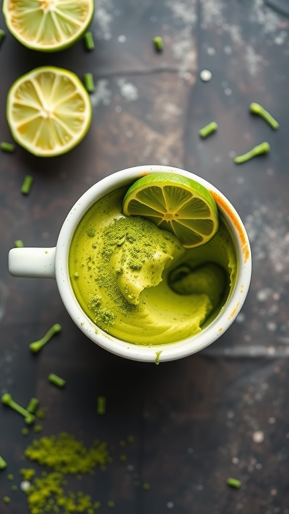 A matcha green tea keto mug cake topped with a slice of lime.