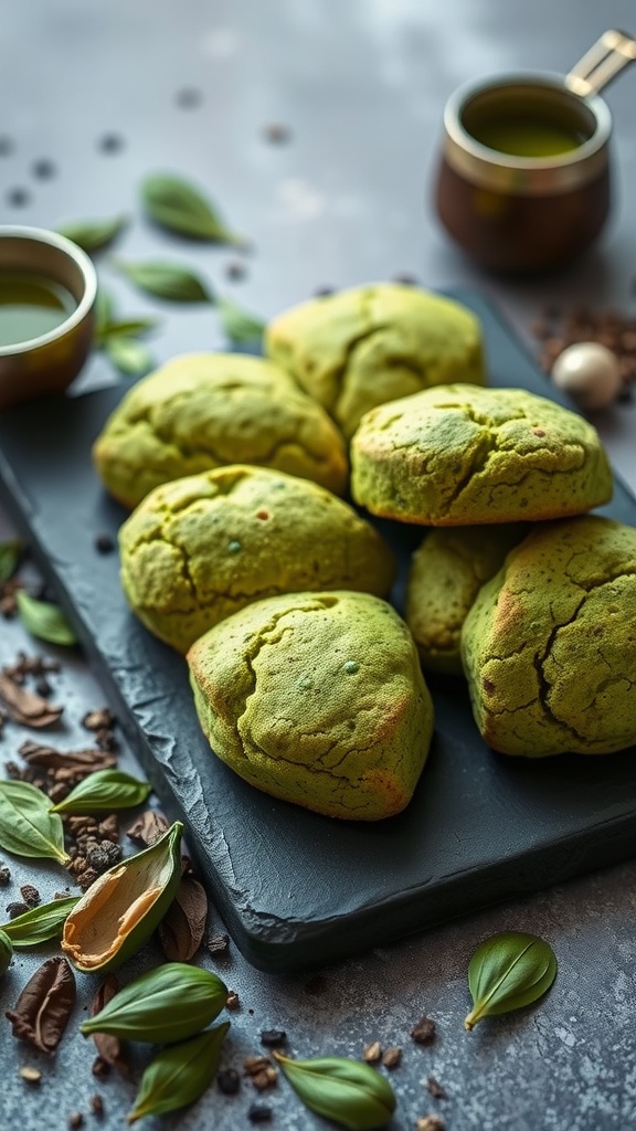 Matcha green tea scones arranged on a slate platter with decorative elements.