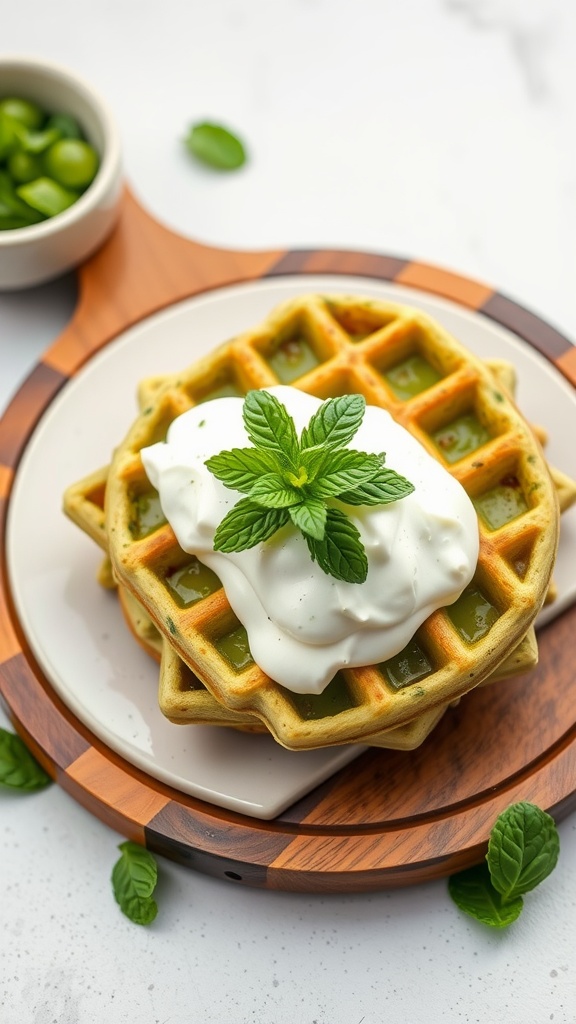 Delicious matcha green tea waffles topped with whipped cream and mint leaves.