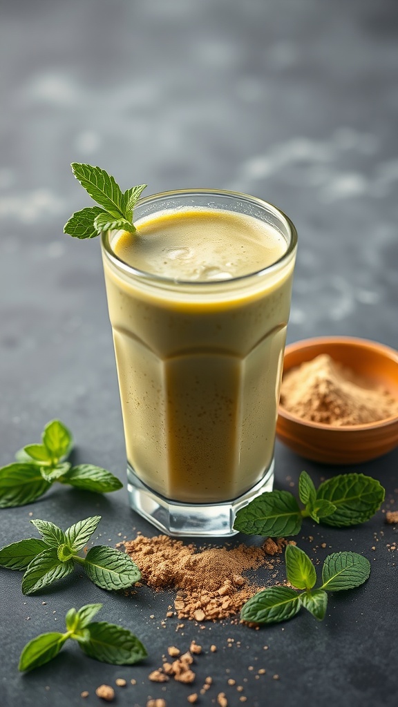 A glass of Matcha Mint Energizer smoothie surrounded by fresh mint leaves and matcha powder.