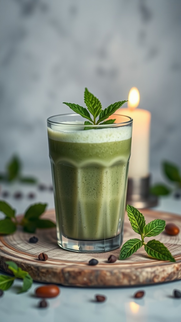A refreshing green smoothie with mint leaves on top, served in a glass.