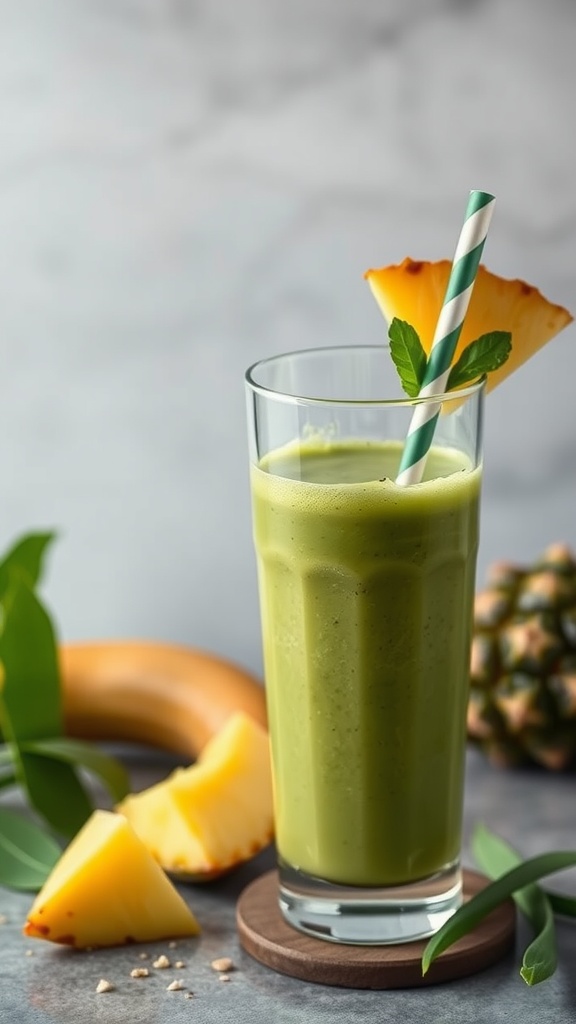 A refreshing Matcha Pineapple Smoothie in a glass with a green straw, garnished with pineapple and mint.