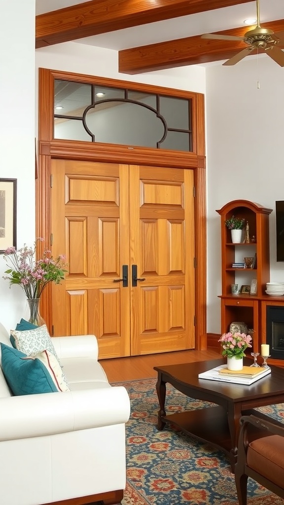 An interior view of wood doors with a cozy living room setup.