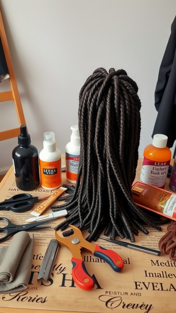 A table filled with hair products, scissors, and hair extensions for butterfly locs installation.