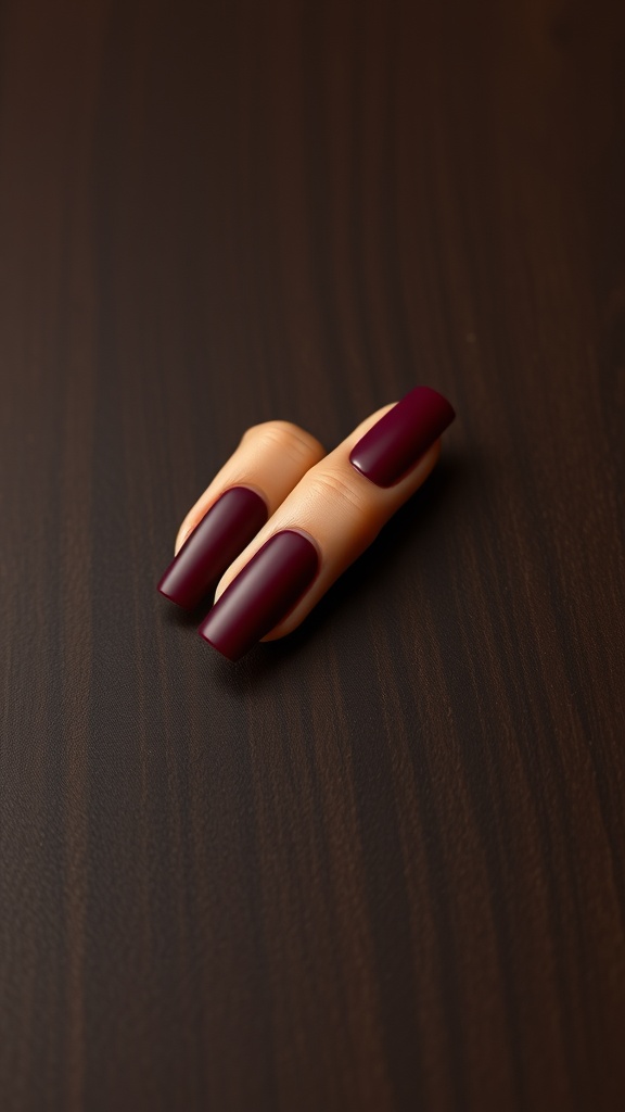 Two matte finish square acrylic nails in a deep burgundy color on a wooden surface.