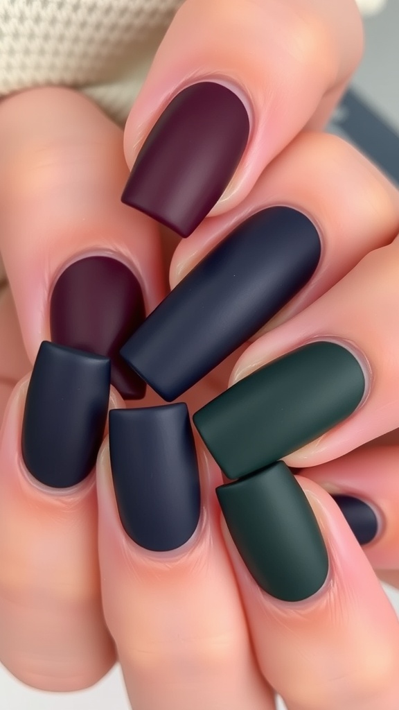 Short square nails with matte finishes in dark colors
