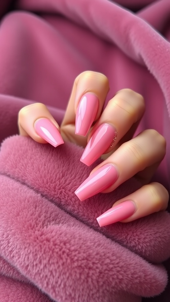 Close-up of hands with matte pink chrome nails against a pink background.