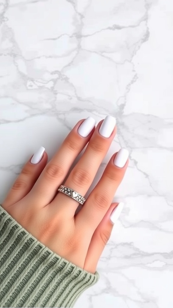 A hand with matte white French tip nails resting on a marble surface, wearing a green sweater and a silver ring.