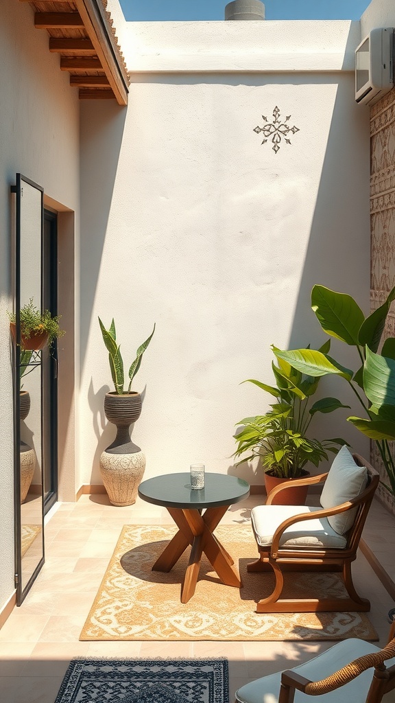 A cozy small patio with a mirror reflecting light, plants, and a comfortable seating area.