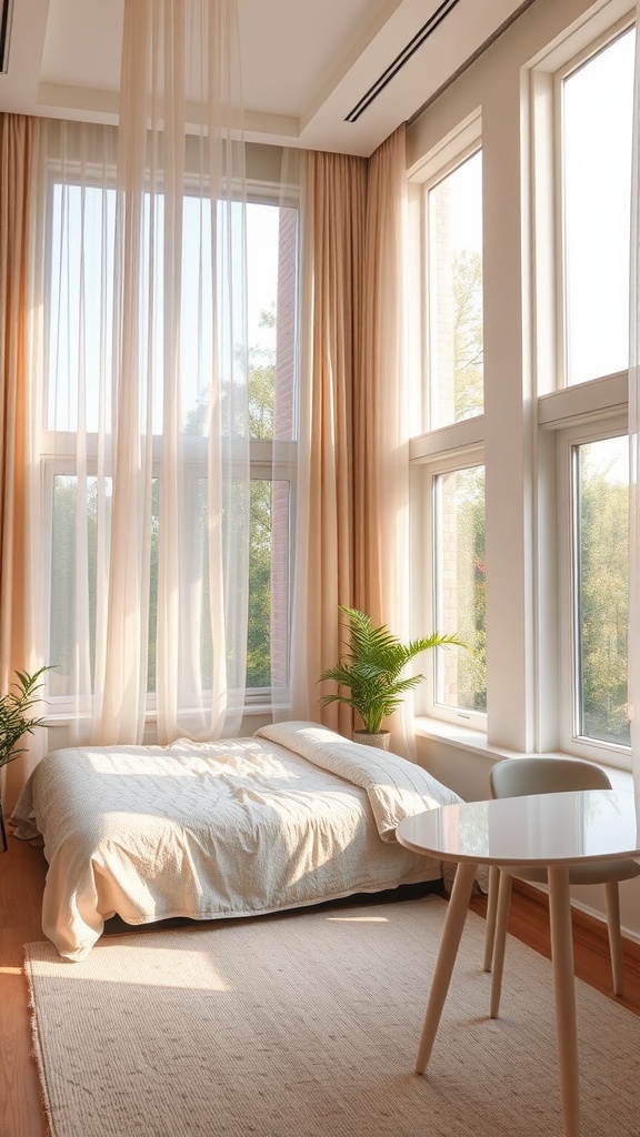 A small bedroom with large windows, light curtains, and plants, showcasing natural light.