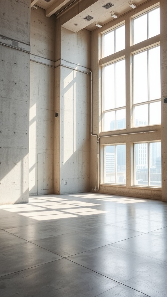 Interior of a room with concrete walls and large windows letting in natural light