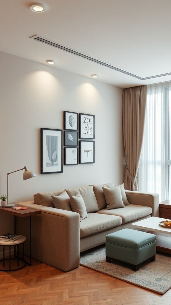 A cozy condo interior featuring a sofa, coffee table, and framed art on the wall.