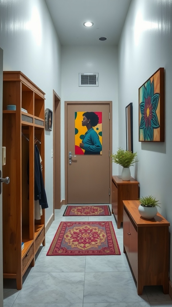 A well-designed hallway interior with wooden furniture, decorative rugs, and wall art.