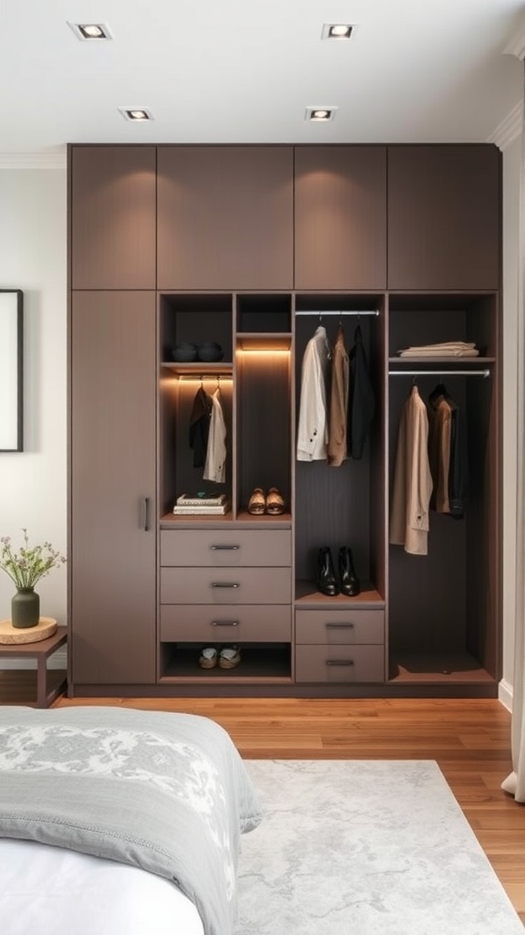 A modern built-in wardrobe featuring organized clothing and accessories, showcasing space maximization.