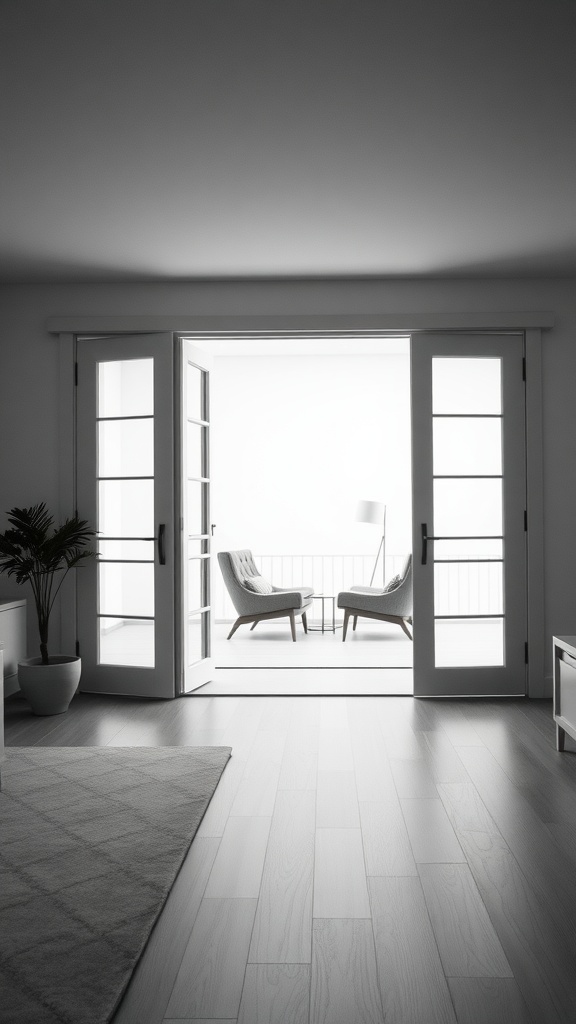 Interior view of pocket French doors leading to a bright space with chairs and a lamp.