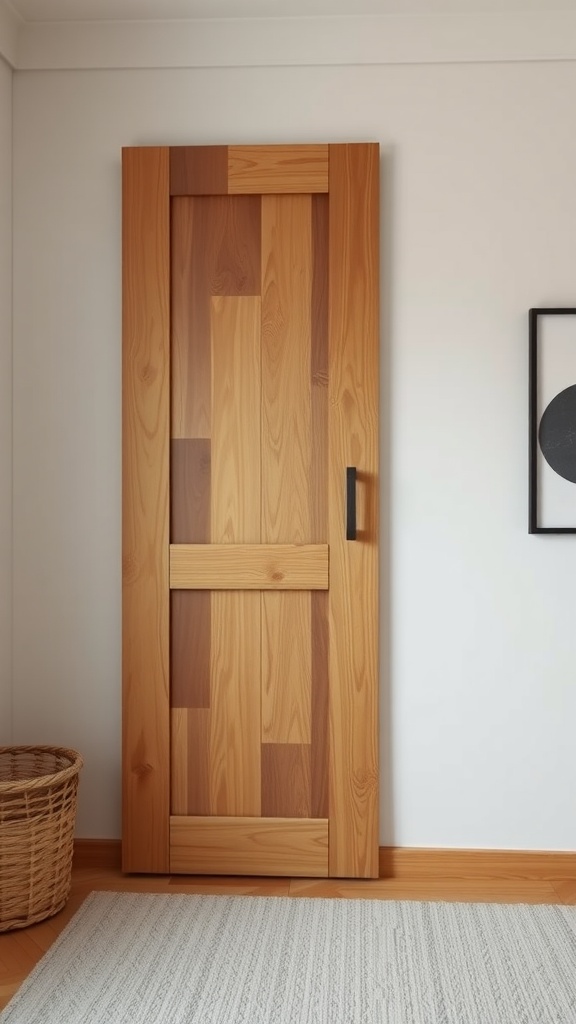 A modern wood door with a sleek design, set against a light wall.