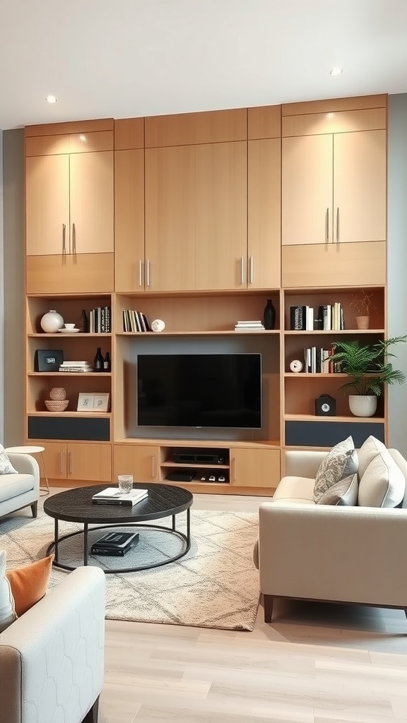 A modern living room with built-in storage solutions, featuring a large TV and comfortable seating.