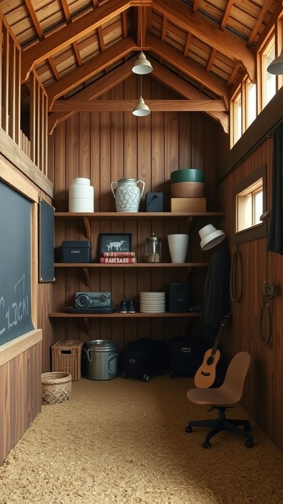A cozy barndominium interior with wooden walls and tall shelving, showcasing efficient use of vertical space.