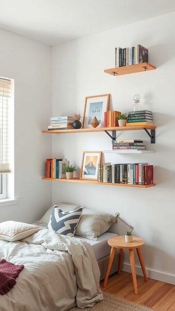 A cozy small bedroom featuring wall-mounted wooden shelving with books and plants, a bed with soft linens, and a small side table.