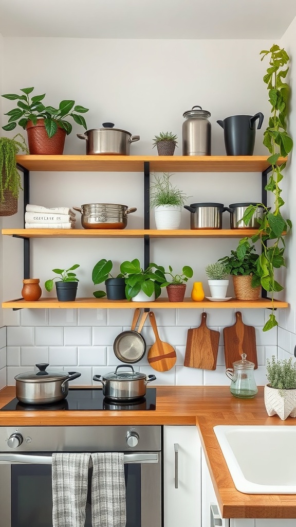 Stylish kitchen shelves displaying pots, plants, and kitchen tools.