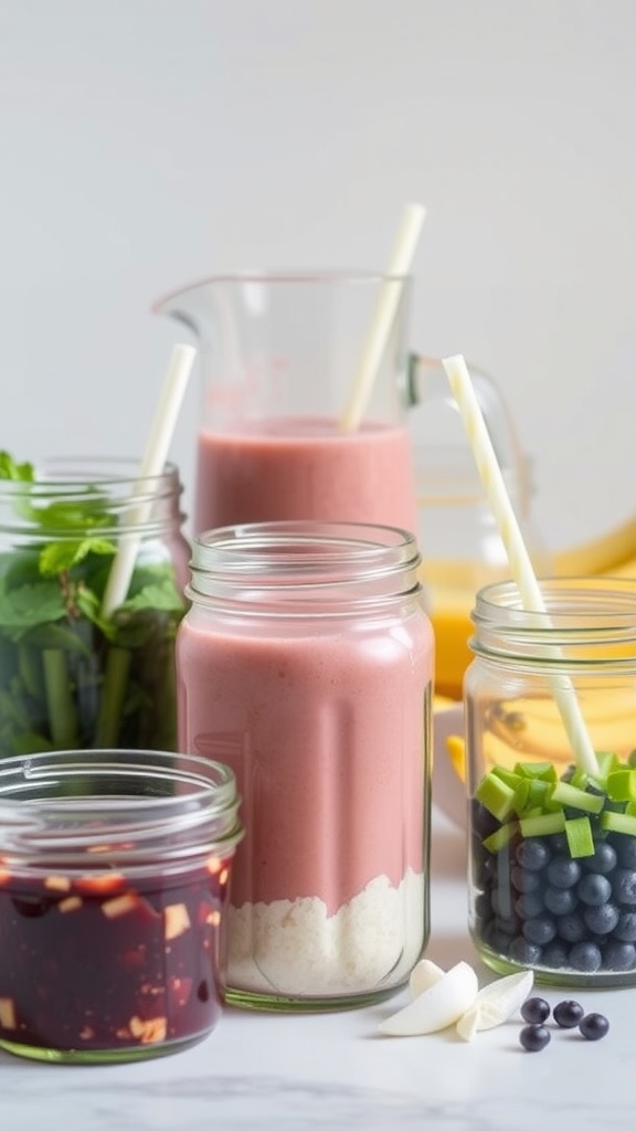 Healthy strawberry banana smoothie ingredients and jars for meal prep.